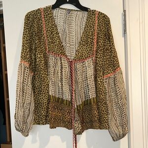 Free People Brown and Tan Tie Front Blouse with Pompoms